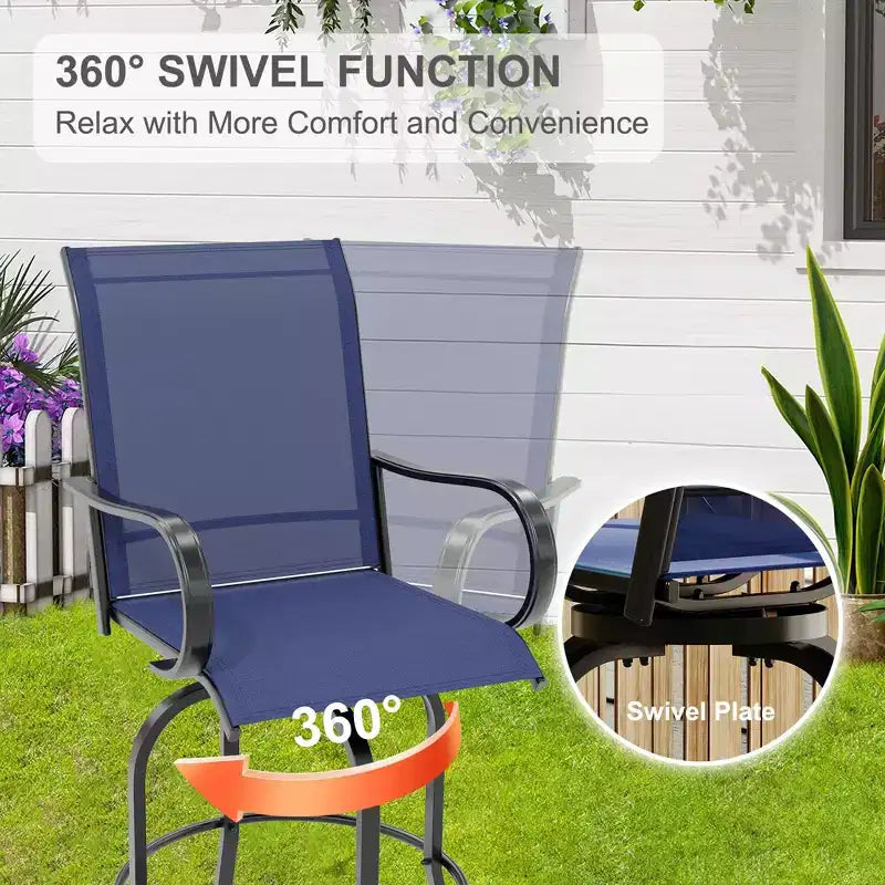 2 Pieces Textile Fabric Outdoor High Top Bar Set, 2 Patio Swivel Chairs, High Stool Bistro Set for Poolside, Backyard