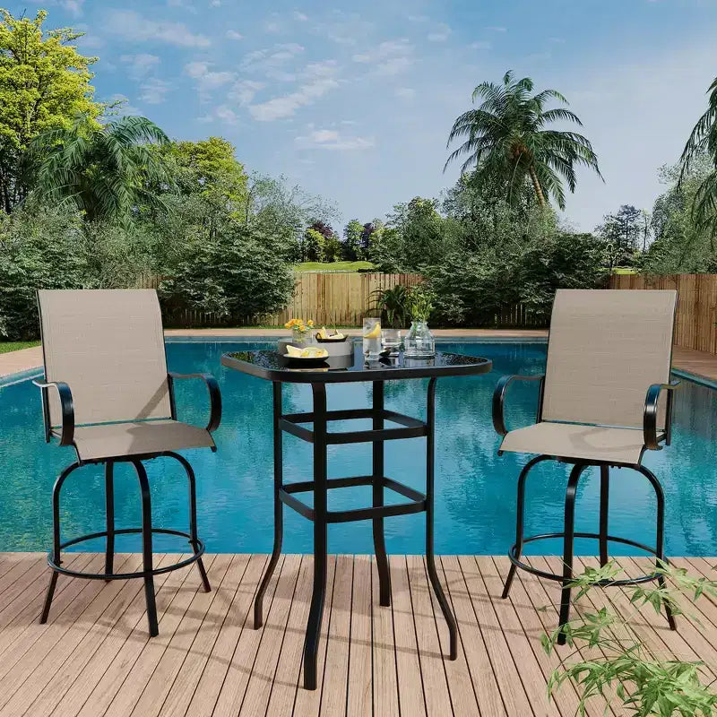 2 Pieces Textile Fabric Outdoor High Top Bar Set, 2 Patio Swivel Chairs, High Stool Bistro Set for Poolside, Backyard