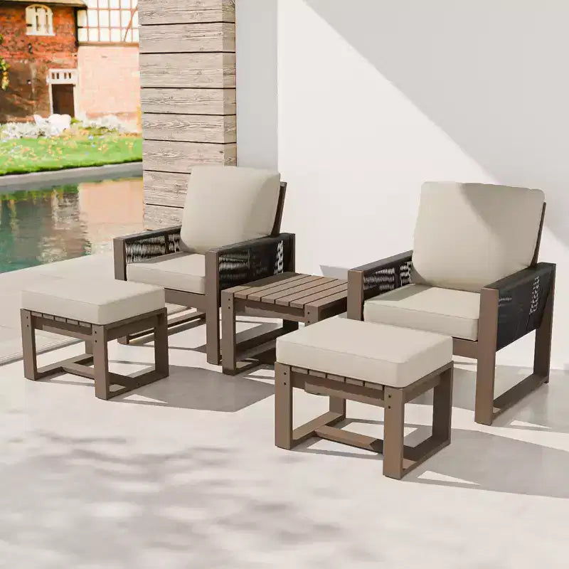 EAGLE PEAK 5 Pieces Natural Cedar Wood Bistro Set, Outdoor Patio Furniture, Small Balcony Conversation Set with Ottomans and Coffee Table