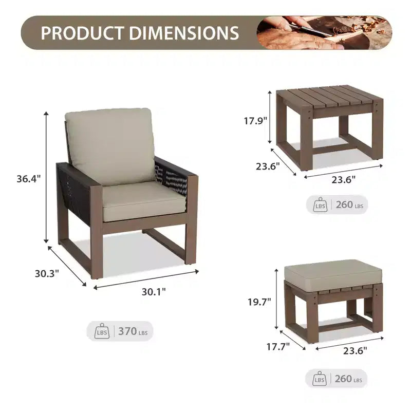 EAGLE PEAK 5 Pieces Natural Cedar Wood Bistro Set, Outdoor Patio Furniture, Small Balcony Conversation Set with Ottomans and Coffee Table