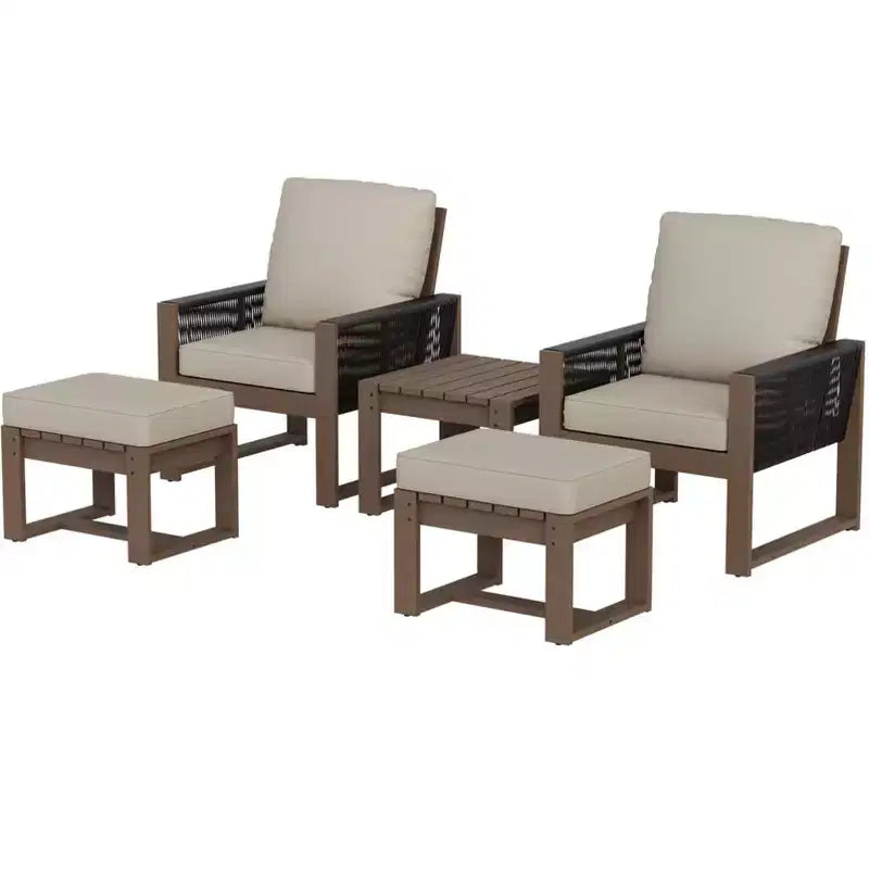 EAGLE PEAK 5 Pieces Natural Cedar Wood Bistro Set, Outdoor Patio Furniture, Small Balcony Conversation Set with Ottomans and Coffee Table
