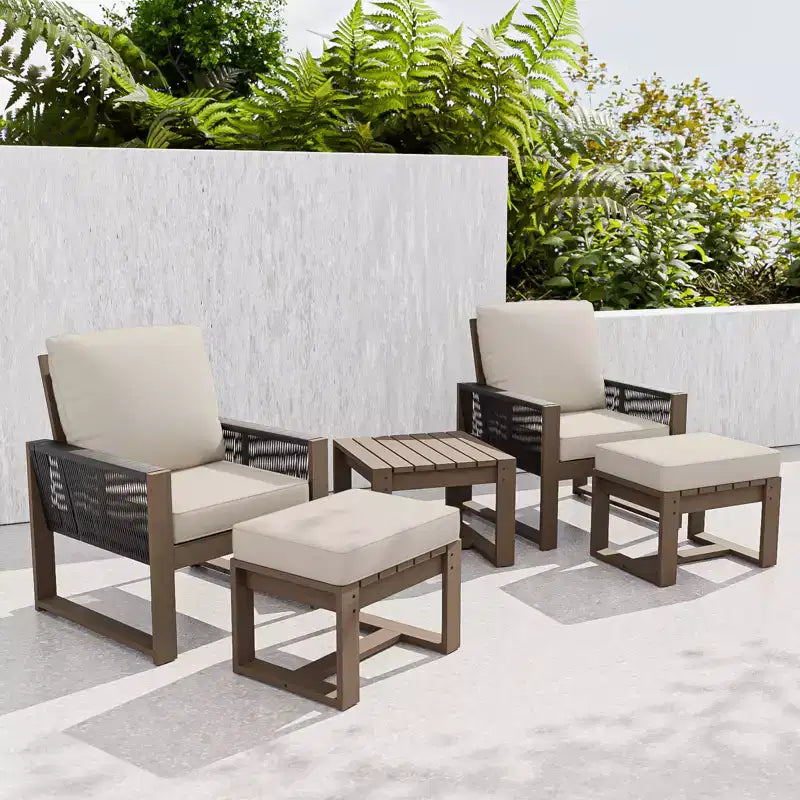 EAGLE PEAK 5 Pieces Natural Cedar Wood Bistro Set, Outdoor Patio Furniture, Small Balcony Conversation Set with Ottomans and Coffee Table