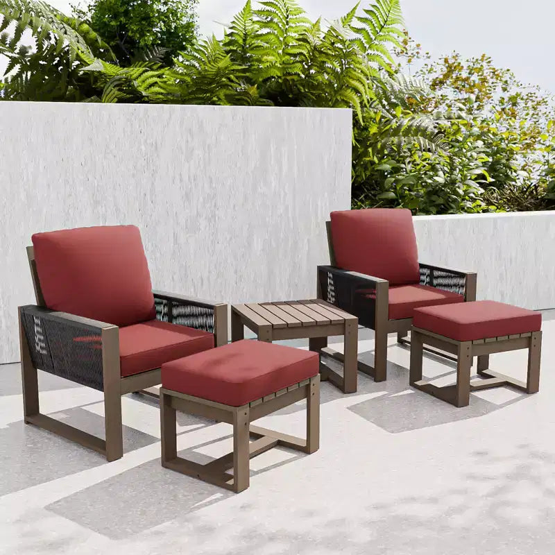 EAGLE PEAK 5 Pieces Natural Cedar Wood Bistro Set, Outdoor Patio Furniture, Small Balcony Conversation Set with Ottomans and Coffee Table