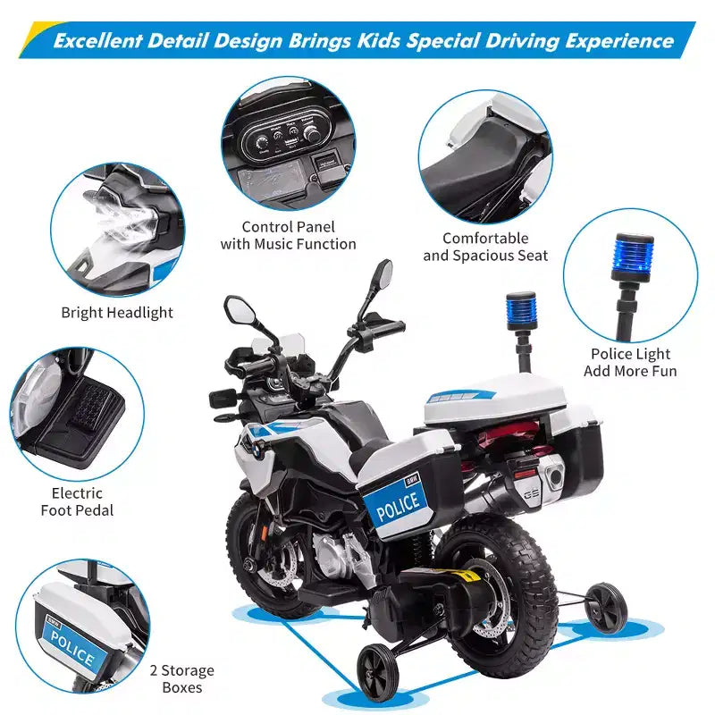 12V Ride On Car, Kids Motorcycle, Electric Car for Kids, High/Low Speed, LED Headlights & Warning Lights, Spring Suspension, for Boys & Girls