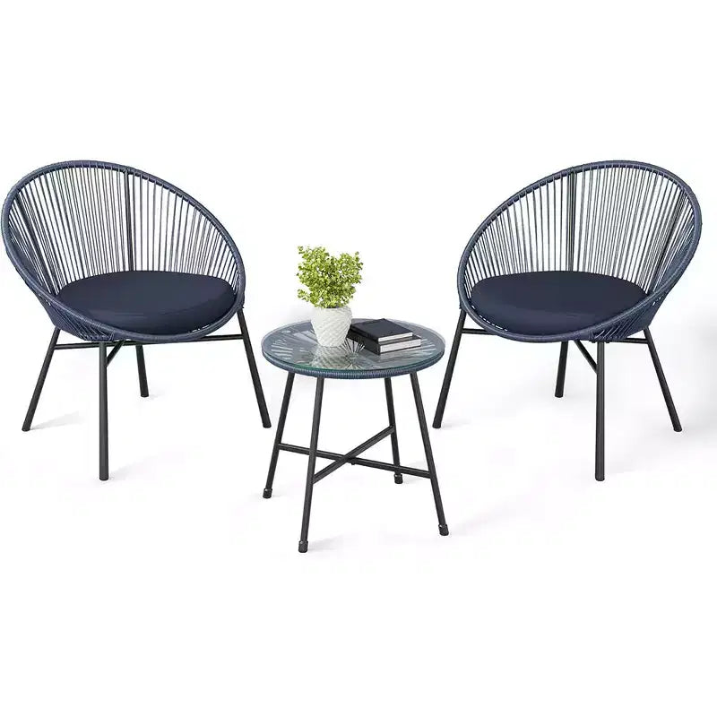 Acapulco Chair Set 3 Piece, Outdoor Patio Bistro Set with 2 Wicker Chairs & 1 Tempered Glass Table