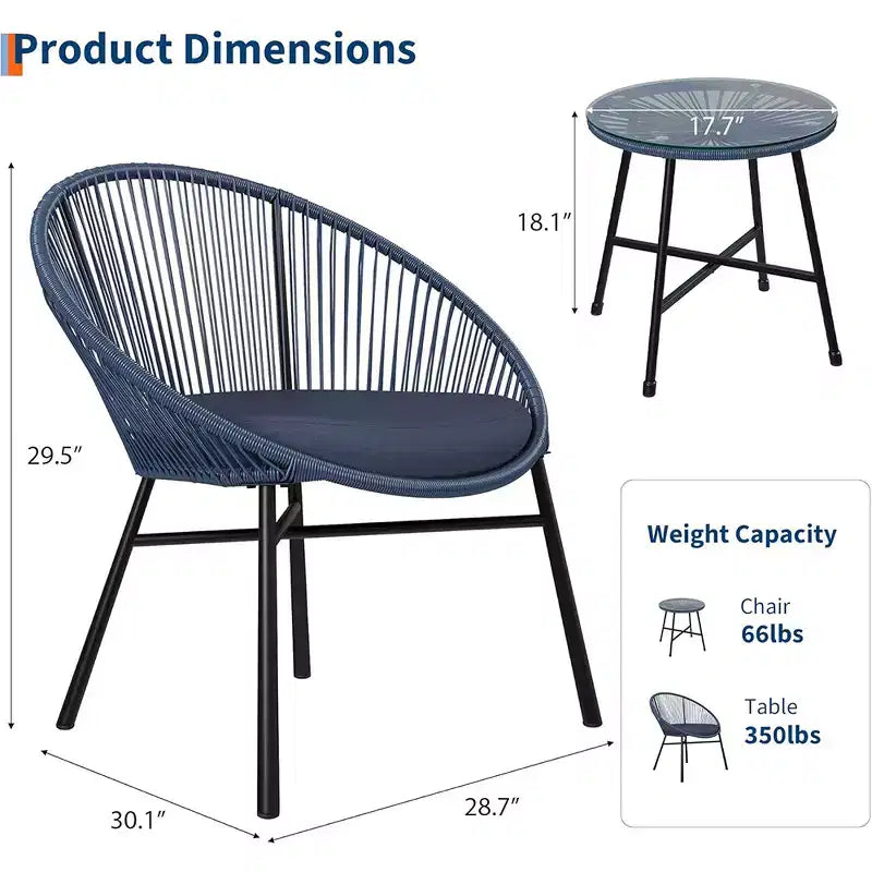 Acapulco Chair Set 3 Piece, Outdoor Patio Bistro Set with 2 Wicker Chairs & 1 Tempered Glass Table