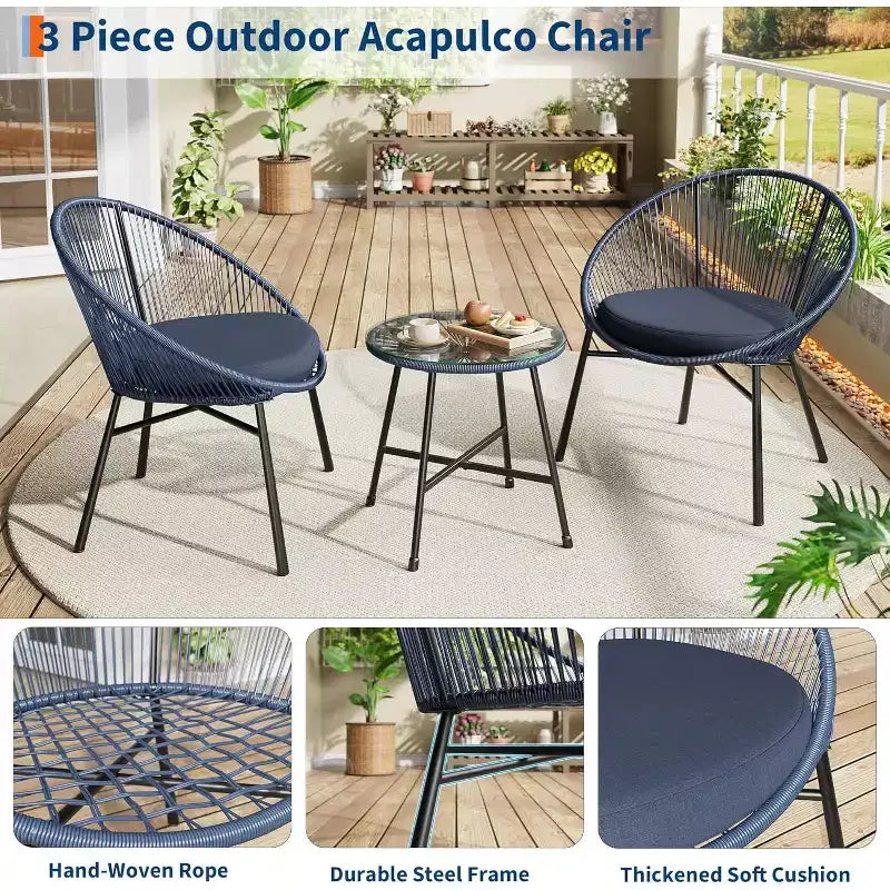 Acapulco Chair Set 3 Piece, Outdoor Patio Bistro Set with 2 Wicker Chairs & 1 Tempered Glass Table