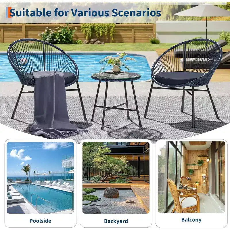 Acapulco Chair Set 3 Piece, Outdoor Patio Bistro Set with 2 Wicker Chairs & 1 Tempered Glass Table