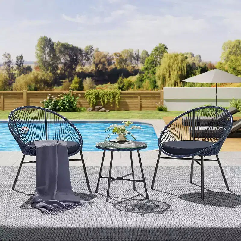 Acapulco Chair Set 3 Piece, Outdoor Patio Bistro Set with 2 Wicker Chairs & 1 Tempered Glass Table