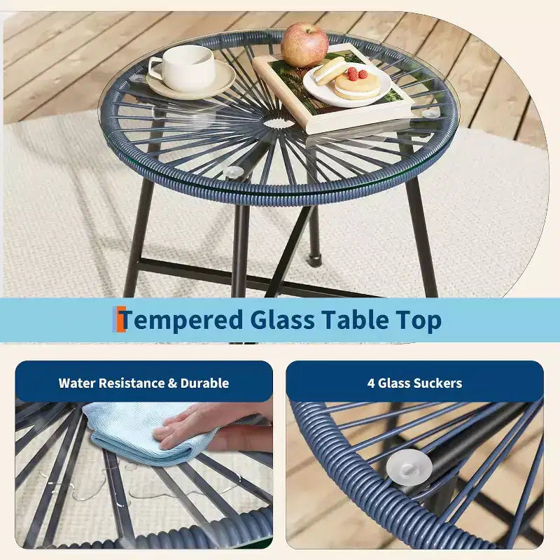 Acapulco Chair Set 3 Piece, Outdoor Patio Bistro Set with 2 Wicker Chairs & 1 Tempered Glass Table