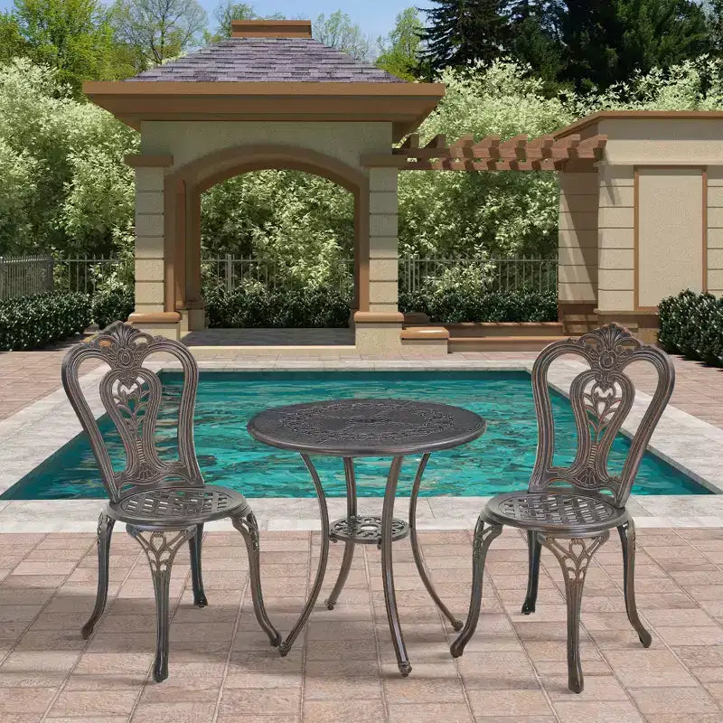 CLIHOME 3-Piece Cast Aluminum Bistro with Umbrella Hole Table and Chairs Set