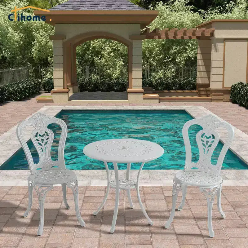 CLIHOME 3-Piece Cast Aluminum Bistro with Umbrella Hole Table and Chairs Set