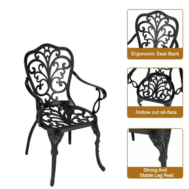 3-Piece Outdoor Cast Aluminum Bistro Set with Table & 2 Chairs, Umbrella Hole Included, for Yard, Garden, Balcony & Poolside