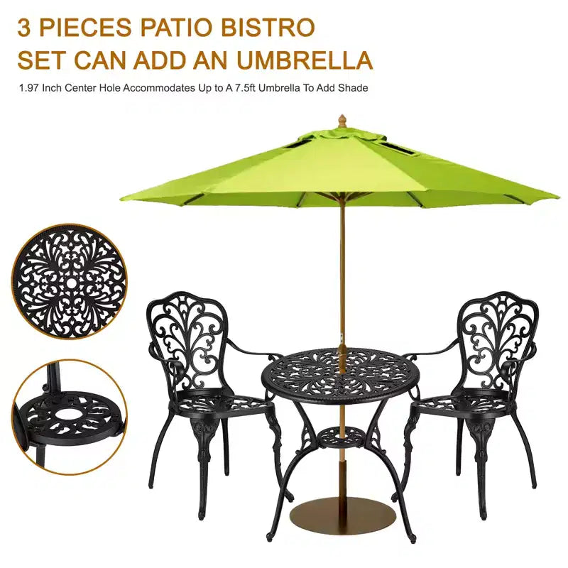 3-Piece Outdoor Cast Aluminum Bistro Set with Table & 2 Chairs, Umbrella Hole Included, for Yard, Garden, Balcony & Poolside
