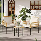 3-Piece Outdoor Patio Furniture Set with 2 Cushioned Rattan Chairs & Round Glass Coffee Table, Weather-Resistant Set for Backyard & Poolside, Beige