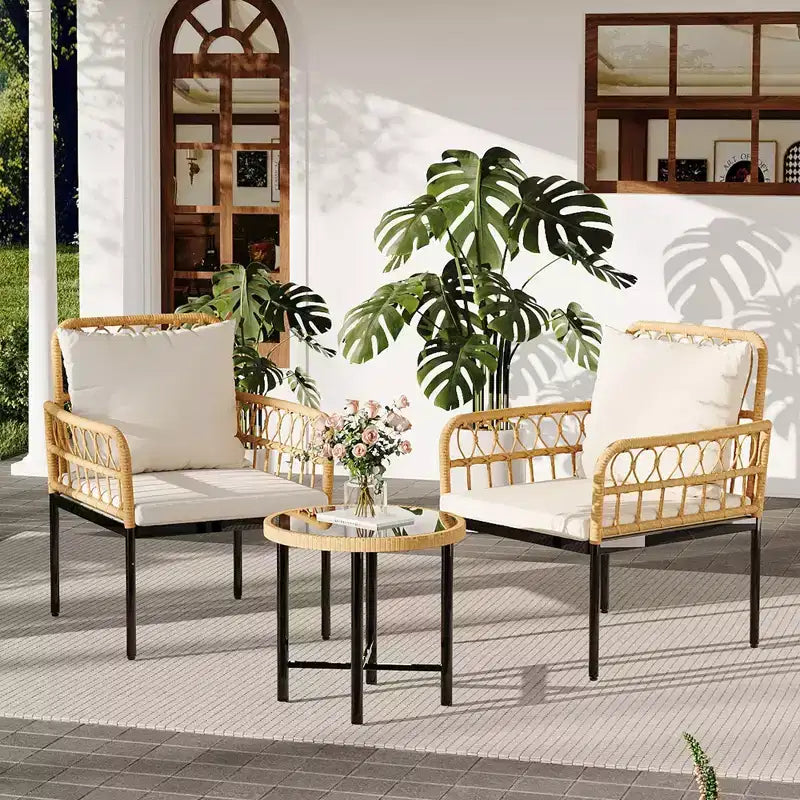 3-Piece Outdoor Patio Furniture Set with 2 Cushioned Rattan Chairs & Round Glass Coffee Table, Weather-Resistant Set for Backyard & Poolside, Beige