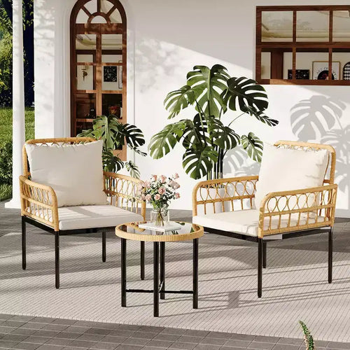 3-Piece Outdoor Patio Furniture Set with 2 Cushioned Rattan Chairs & Round Glass Coffee Table, Weather-Resistant Set for Backyard & Poolside, Beige
