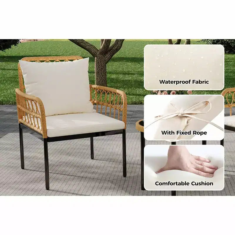 3-Piece Outdoor Patio Furniture Set with 2 Cushioned Rattan Chairs & Round Glass Coffee Table, Weather-Resistant Set for Backyard & Poolside, Beige