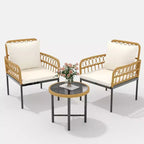 3-Piece Outdoor Patio Furniture Set with 2 Cushioned Rattan Chairs & Round Glass Coffee Table, Weather-Resistant Set for Backyard & Poolside, Beige