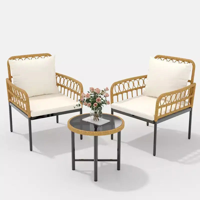 3-Piece Outdoor Patio Furniture Set with 2 Cushioned Rattan Chairs & Round Glass Coffee Table, Weather-Resistant Set for Backyard & Poolside, Beige