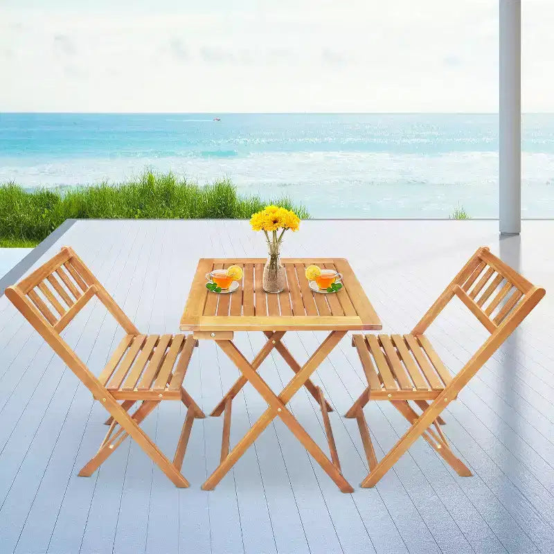 BestMassage 3-Pieces Acacia Wood Folding Bistro Set Outdoor Dining Set, Natural