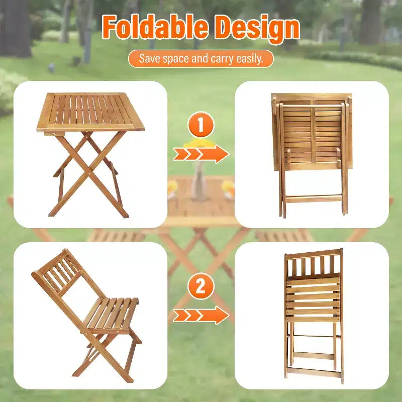 BestMassage 3-Pieces Acacia Wood Folding Bistro Set Outdoor Dining Set, Natural