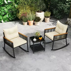 Costway 3 PCS Outdoor Rocking Bistro Set with 2-Tier Coffee Table, Acacia Wood Armrests