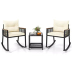 Costway 3 PCS Outdoor Rocking Bistro Set with 2-Tier Coffee Table, Acacia Wood Armrests