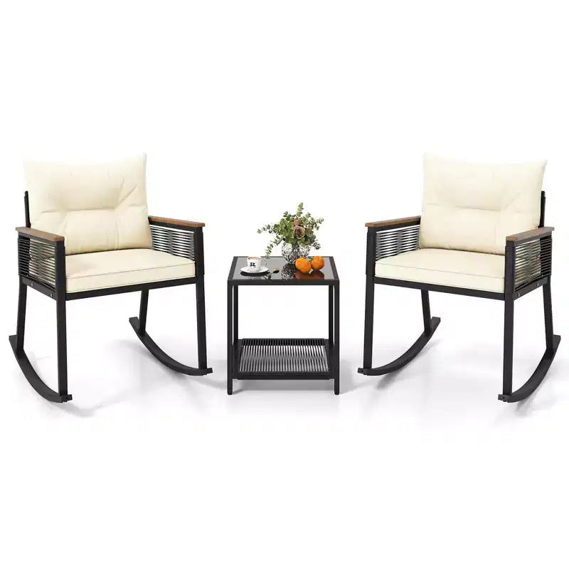 Costway 3 PCS Outdoor Rocking Bistro Set with 2-Tier Coffee Table, Acacia Wood Armrests