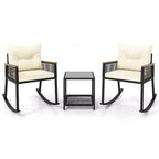 Costway 3 PCS Outdoor Rocking Bistro Set with 2-Tier Coffee Table, Acacia Wood Armrests