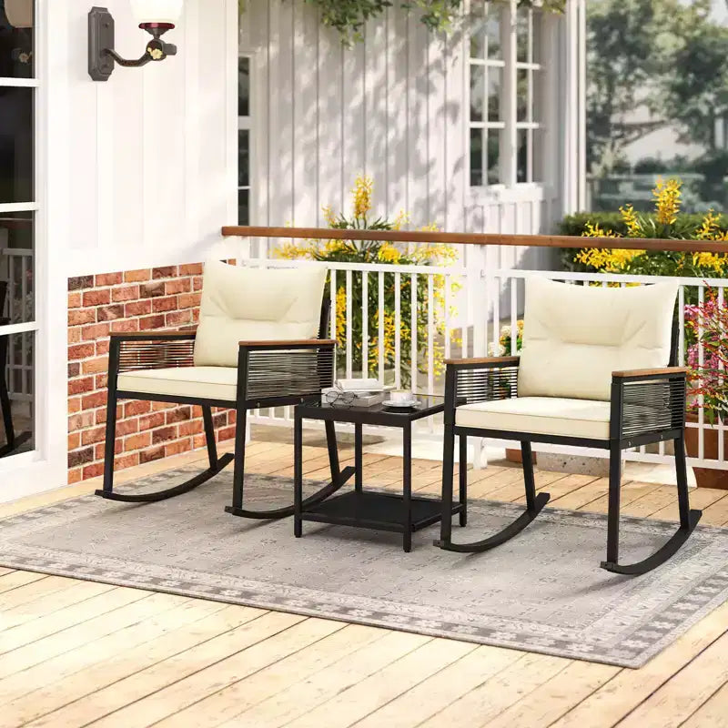 Costway 3 PCS Outdoor Rocking Bistro Set with 2-Tier Coffee Table, Acacia Wood Armrests