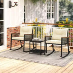 Costway 3 PCS Outdoor Rocking Bistro Set with 2-Tier Coffee Table, Acacia Wood Armrests