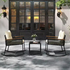 Costway 3 PCS Outdoor Rocking Bistro Set with 2-Tier Coffee Table, Acacia Wood Armrests