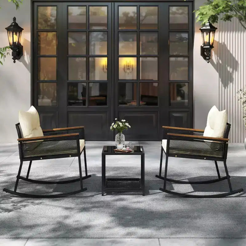 Costway 3 PCS Outdoor Rocking Bistro Set with 2-Tier Coffee Table, Acacia Wood Armrests