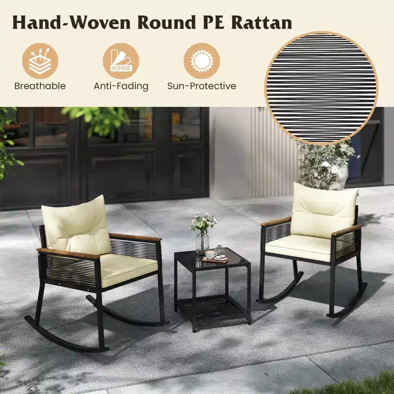 Costway 3 PCS Outdoor Rocking Bistro Set with 2-Tier Coffee Table, Acacia Wood Armrests