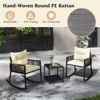 Costway 3 PCS Outdoor Rocking Bistro Set with 2-Tier Coffee Table, Acacia Wood Armrests