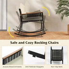 Costway 3 PCS Outdoor Rocking Bistro Set with 2-Tier Coffee Table, Acacia Wood Armrests