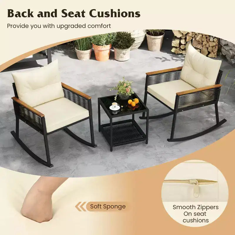 Costway 3 PCS Outdoor Rocking Bistro Set with 2-Tier Coffee Table, Acacia Wood Armrests