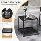 Costway 3 PCS Outdoor Rocking Bistro Set with 2-Tier Coffee Table, Acacia Wood Armrests