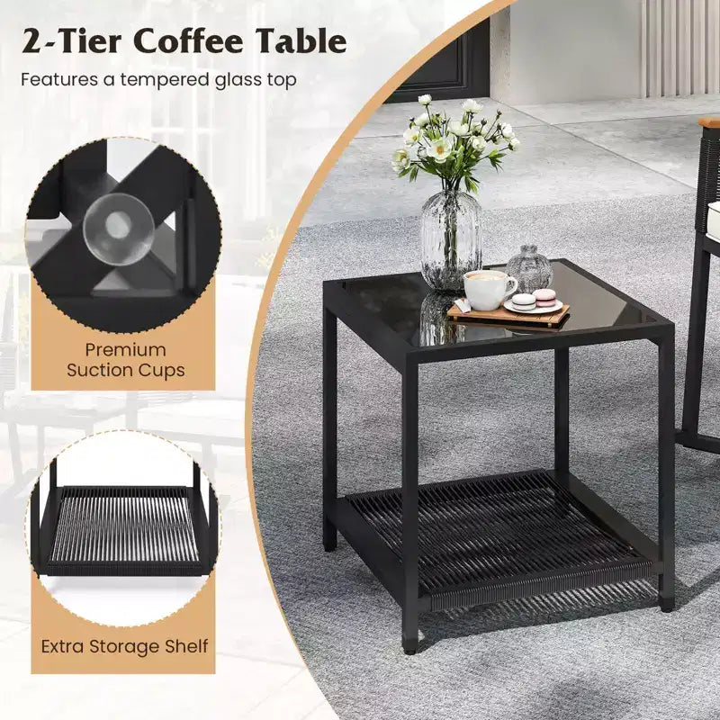 Costway 3 PCS Outdoor Rocking Bistro Set with 2-Tier Coffee Table, Acacia Wood Armrests