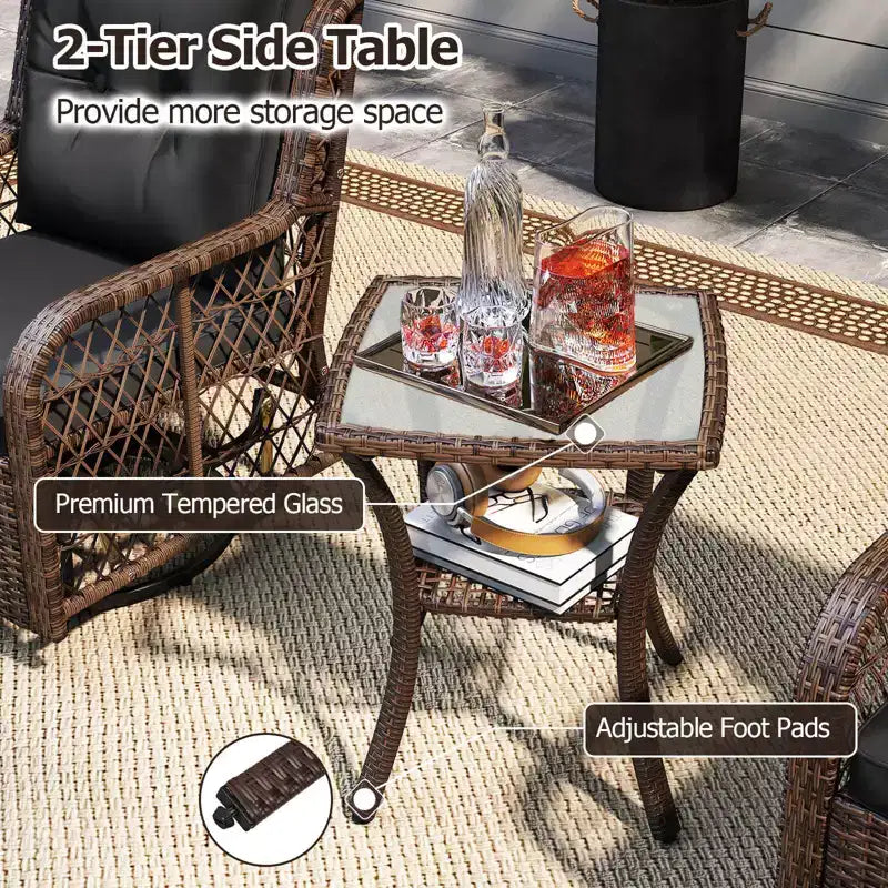 Costway 3 PCS Patio Furniture Set with 2-Tier Side Table and Cushions for Porch Brown/Black