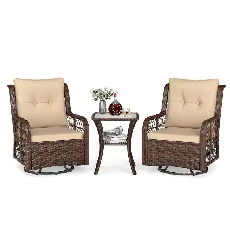 Costway 3 PCS Patio Furniture Set with 2-Tier Side Table and Cushions for Porch Brown/Black