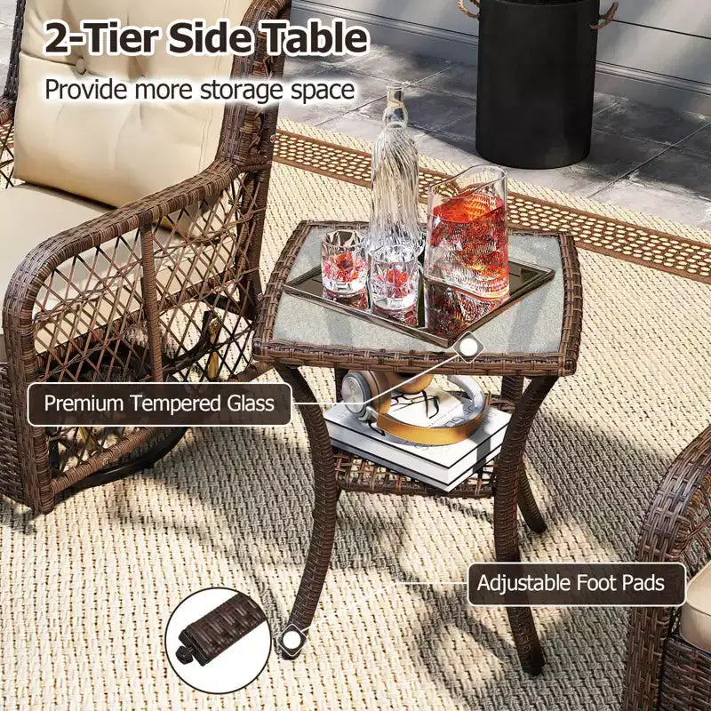 Costway 3 PCS Patio Furniture Set with 2-Tier Side Table and Cushions for Porch Brown/Black