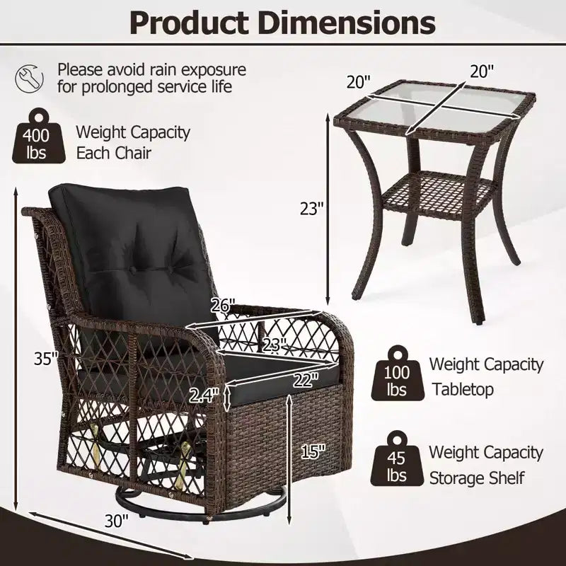 Costway 3 PCS Patio Furniture Set with 2-Tier Side Table and Cushions for Porch Brown/Black