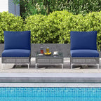 Costway 3 PCS Patio Furniture Set with Tempered Glass Coffee Table Soft Back & Seat Cushions Navy/White/Gray