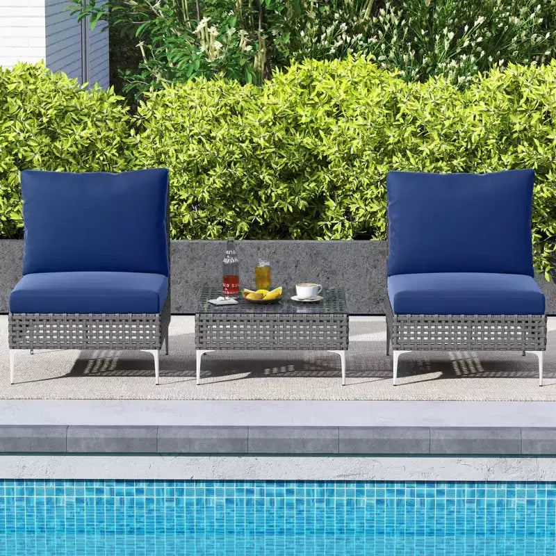 Costway 3 PCS Patio Furniture Set with Tempered Glass Coffee Table Soft Back & Seat Cushions Navy/White/Gray