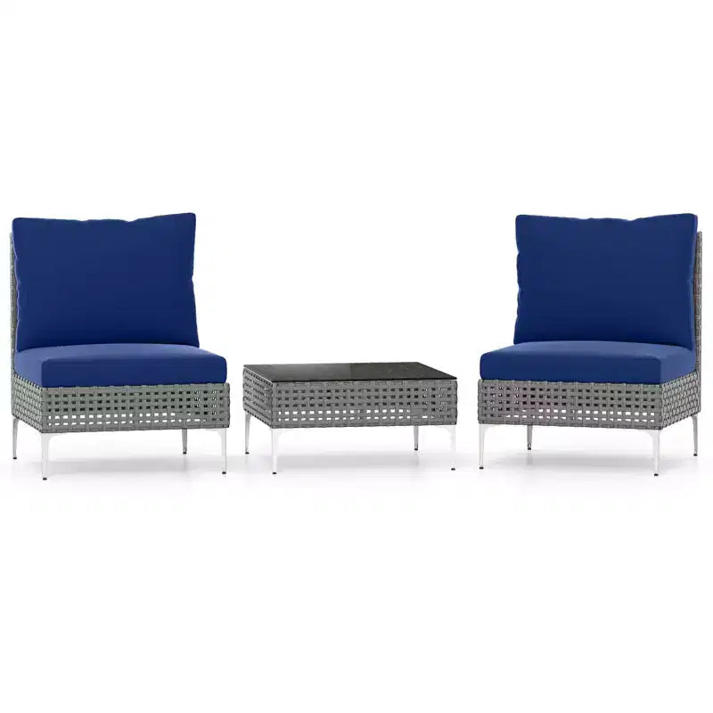 Costway 3 PCS Patio Furniture Set with Tempered Glass Coffee Table Soft Back & Seat Cushions Navy/White/Gray