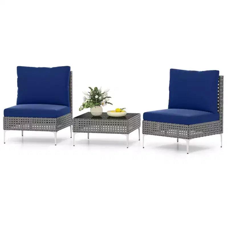 Costway 3 PCS Patio Furniture Set with Tempered Glass Coffee Table Soft Back & Seat Cushions Navy/White/Gray
