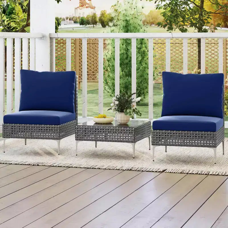 Costway 3 PCS Patio Furniture Set with Tempered Glass Coffee Table Soft Back & Seat Cushions Navy/White/Gray