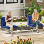 Costway 3 PCS Patio Furniture Set with Tempered Glass Coffee Table Soft Back & Seat Cushions Navy/White/Gray